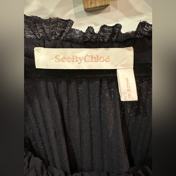 See by Chloe Tiered Plisse Self-Tie Shift Dress Navy Small - Picture 7 of 15